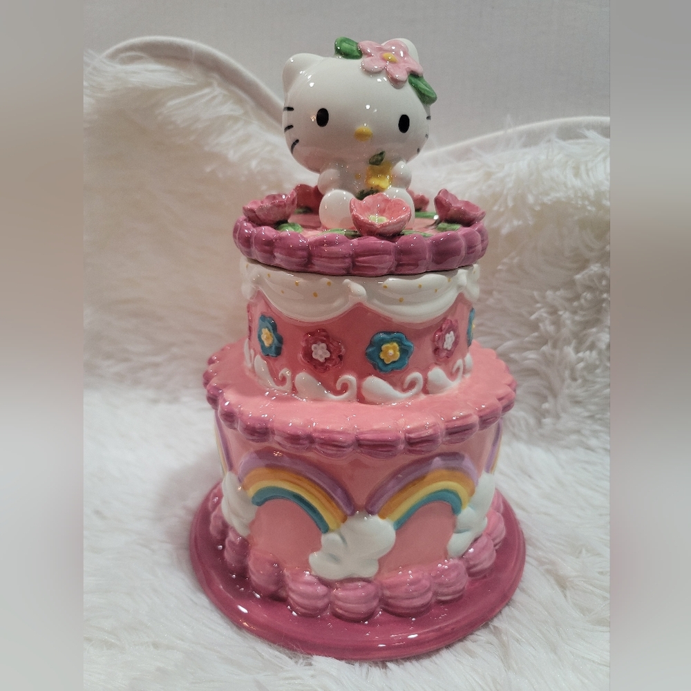Hello Kitty Birthday Cake Ceramic Cookie Jar Canister w Lid Blue sky